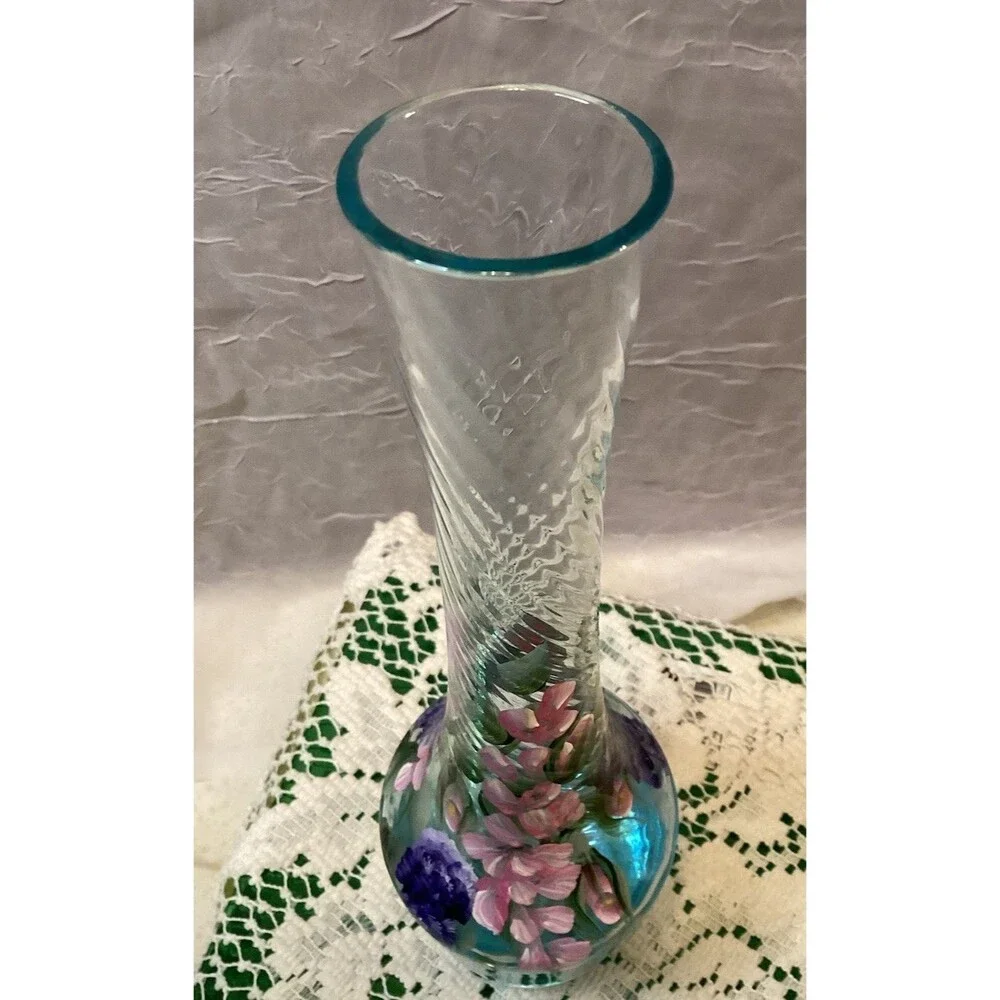 Blue Hand Painted Bud Vase Beautiful Pink & Purple Flowers Mother's Day Gift